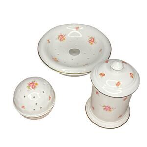 Laura Ashley Parfums Fine Bone China 3 Piece Bathroom Set Soap Dish Jar Floral